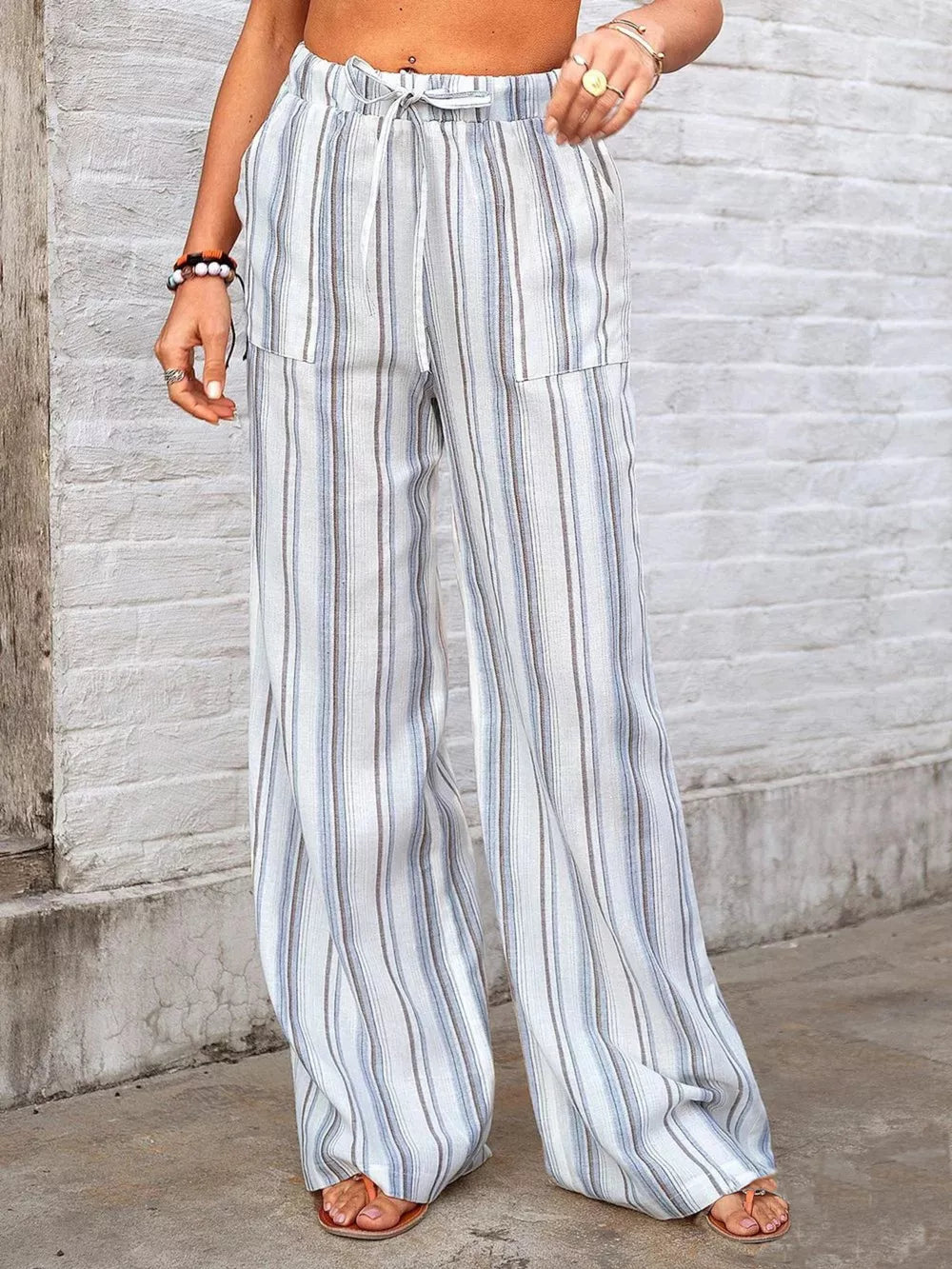 Full Size Striped Wide-leg Pants Plus Size in Dusty Pink, model styling view
