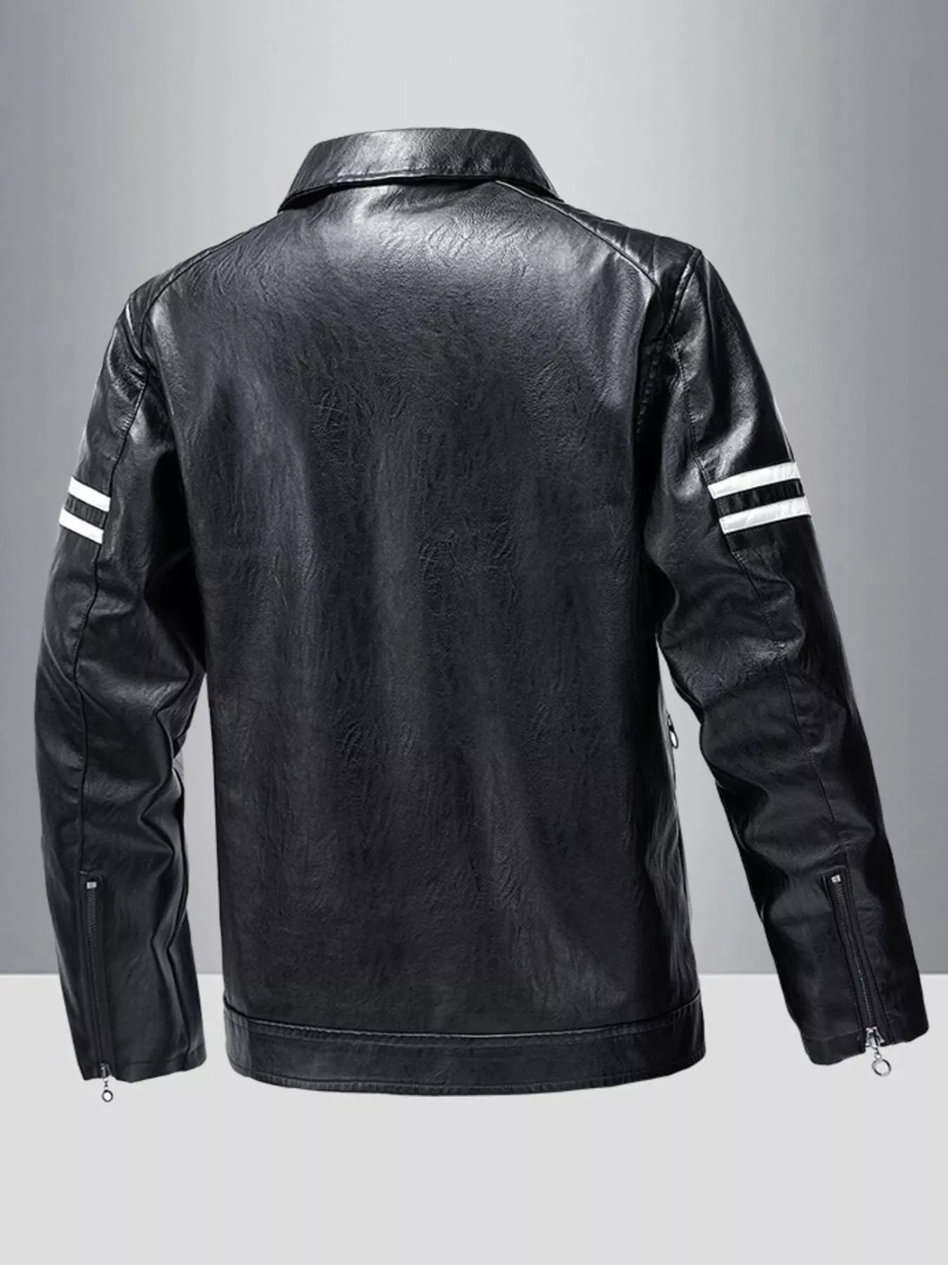 Men's black leather motorcycle jacket with white stripe detail on sleeves.