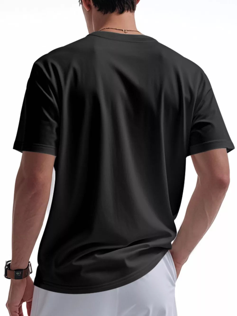 Men's black casual t-shirt with short sleeves and a buttoned pocket detail.