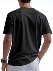 Men's black casual t-shirt with short sleeves and a buttoned pocket detail.