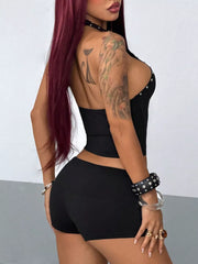 Studded Halter Neck Crop Top And Shorts Set, back view