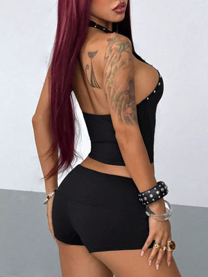 Studded Halter Neck Crop Top And Shorts Set, back view