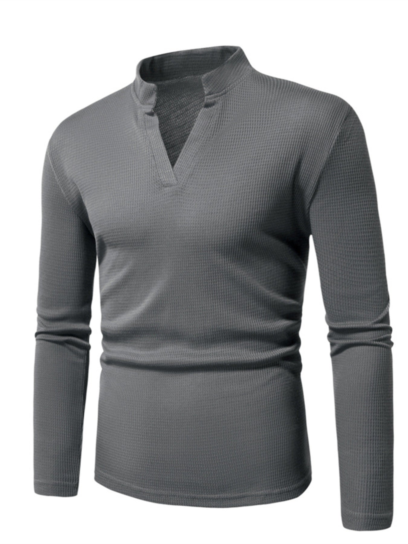 Men's dark gray waffle knit long sleeve t-shirt with notched V-neck