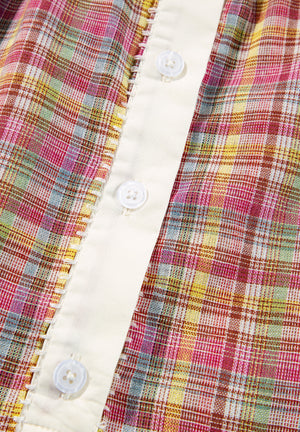 Bohemian plaid blouse with buttoned front and cream trim