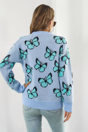 Pastel Blue knit crewneck pullover sweater with allover butterfly motif