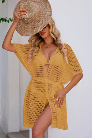 Crochet cover-up in Honey with tie waist and short sleeves.