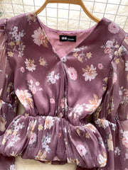 Purple floral chiffon blouse with V-neck and balloon sleeves