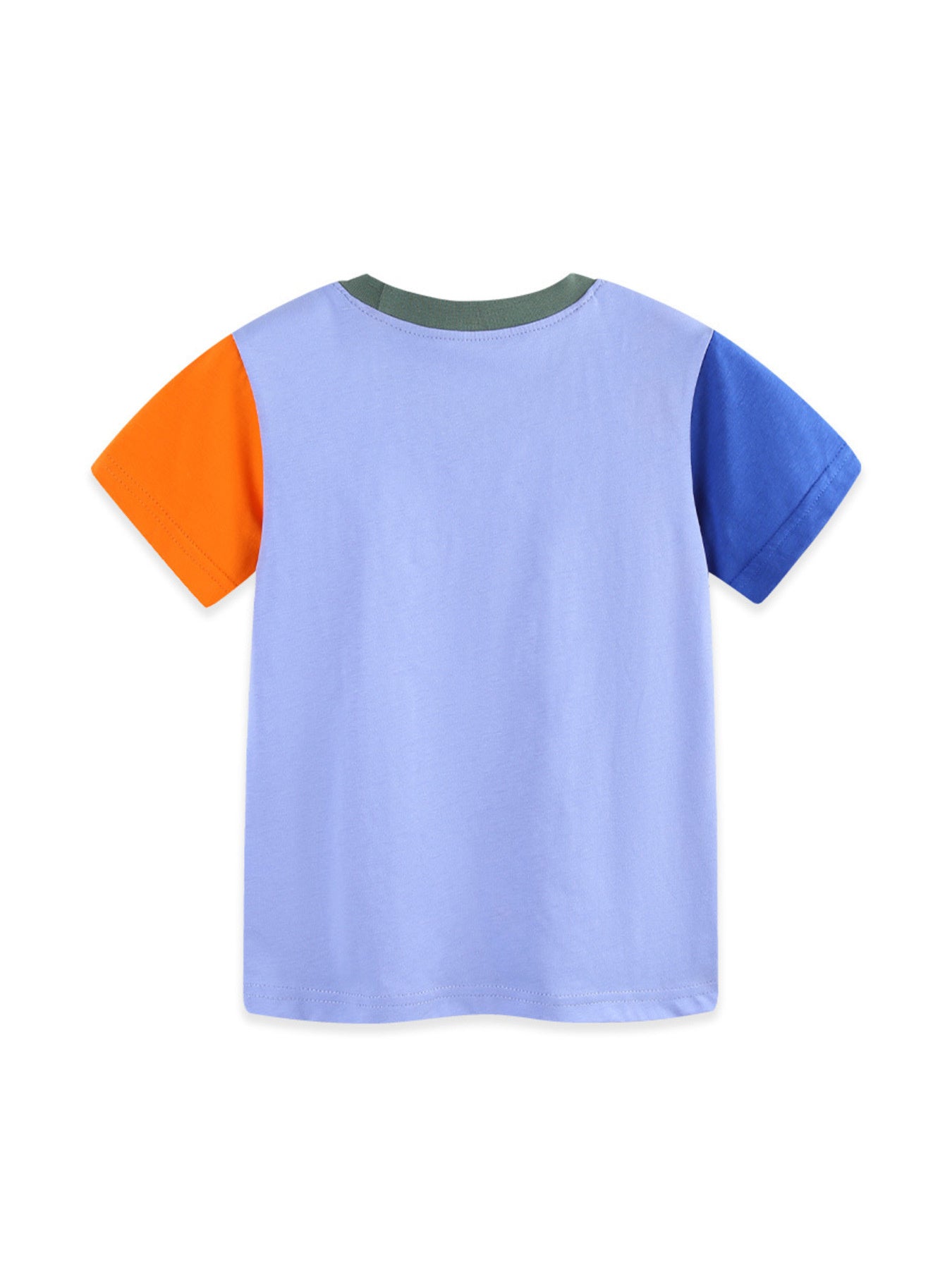 Toddler color-block t-shirt with purple body, orange and blue sleeves, and green neckline.