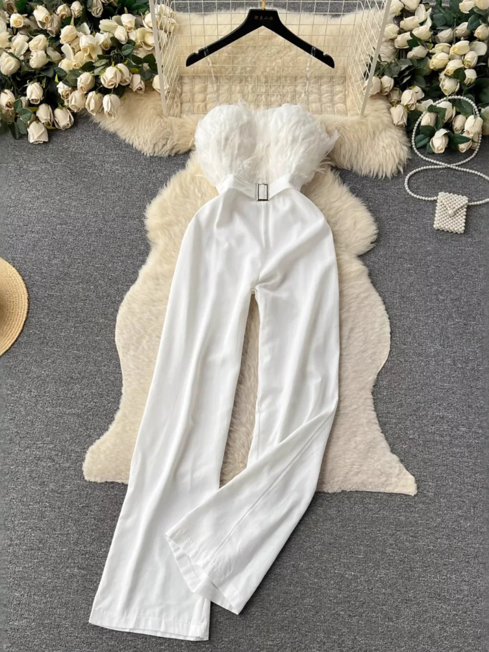 White feather trim strapless wide-leg jumpsuit with belt detail