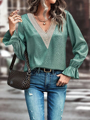 Turquoise satin blouse with lace V-neck and ruffle cuffs