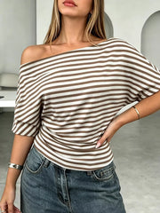 One Shoulder Striped Dolman Sleeve T-shirt in Gray, alternate angle