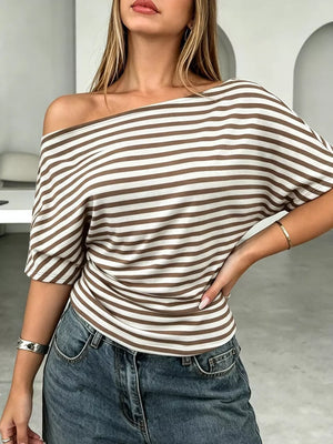 One Shoulder Striped Dolman Sleeve T-shirt in Gray, alternate angle