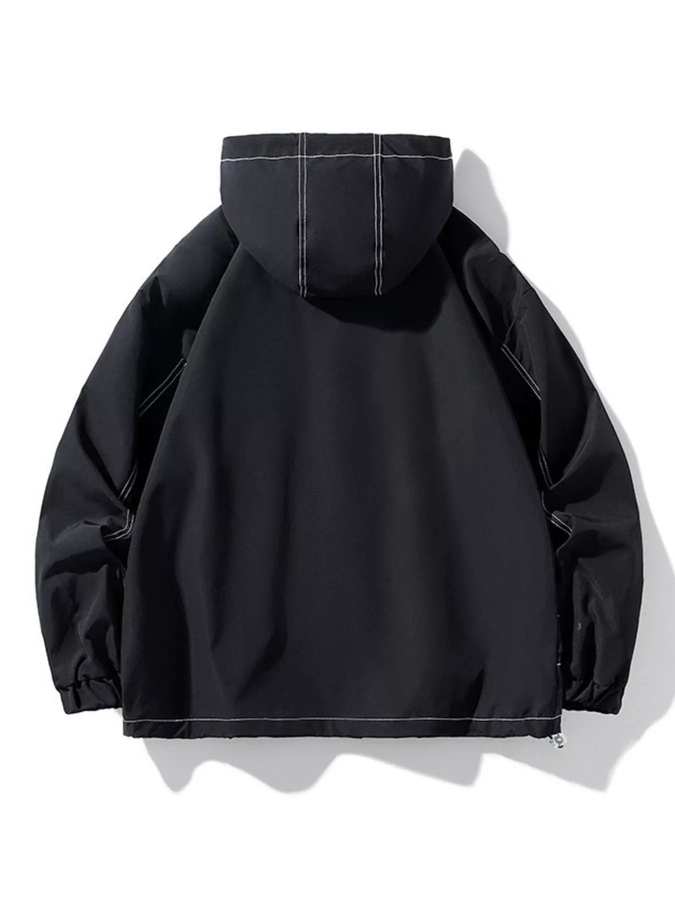Black oversized hooded zip jacket with contrast stitching and elastic cuffs.