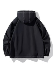 Black oversized hooded zip jacket with contrast stitching and elastic cuffs.