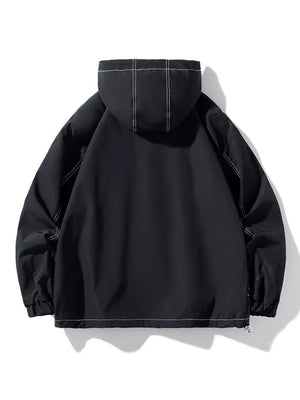 Black oversized hooded zip jacket with contrast stitching and elastic cuffs.