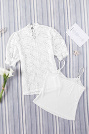 White lace puff sleeve mock neck blouse with keyhole detail and camisole.
