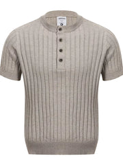 Men's Short Sleeve Ribbed Henley Top in Apricot, fabric detail