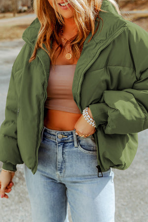 Moss green padded crop jacket with stand collar and zipper detail