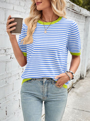 Striped knit tee with lime green trim and short sleeves, styled with jeans.