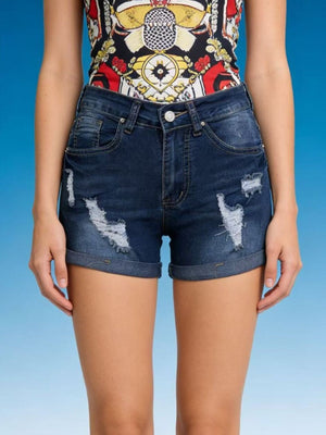 Dark blue distressed denim shorts with cuffed hem and button closure.