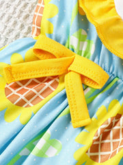 Baby one-piece with strawberry floral print, yellow ruffle trim, and bow detail.