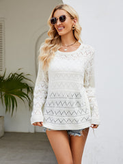 White openwork knit crewneck pullover sweater with diamond pattern detail