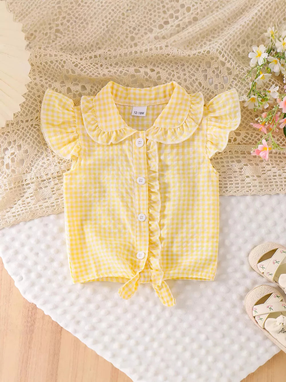 Children's Gingham Ruffle Collar Sleeveless Shirt in Yellow, side view