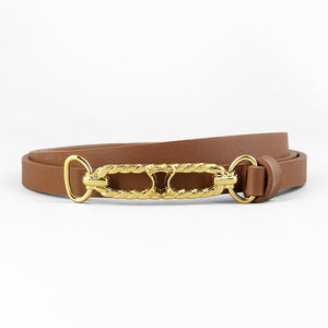 Brown cowhide leather skinny belt with gold chain buckle detail