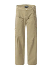 Khaki utility pleated wide-leg cargo pants with multiple pockets.