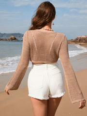 Camel crochet crop top with flared sleeves and open knit detail.