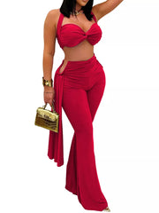 Halter Neck Top And Flare Pants Set in Black, back view
