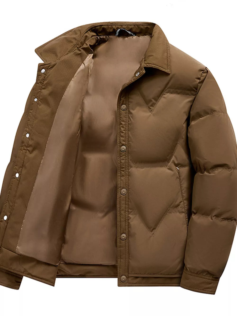 Brown puffer jacket with button-down front and collar, showing interior lining.