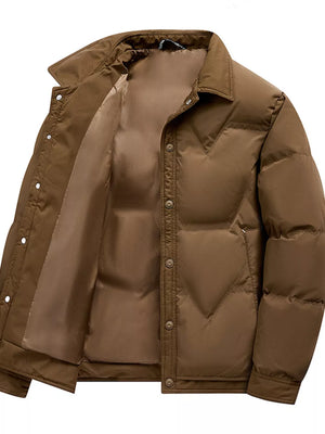Brown puffer jacket with button-down front and collar, showing interior lining.
