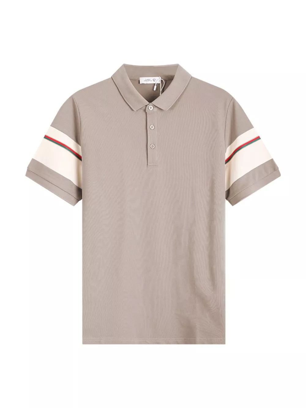 Desert color polo shirt with cream sleeve accents and red and green stripes.