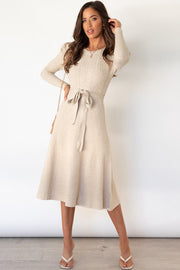 Beige cable knit midi dress with long sleeves and self-tie belt