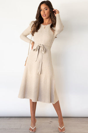 Beige cable knit midi dress with long sleeves and self-tie belt