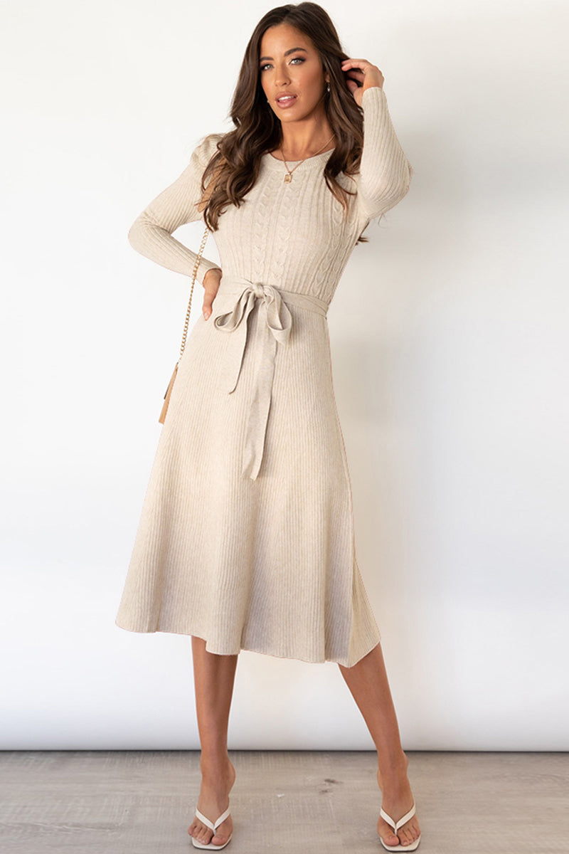 Beige cable knit midi dress with long sleeves and self-tie belt