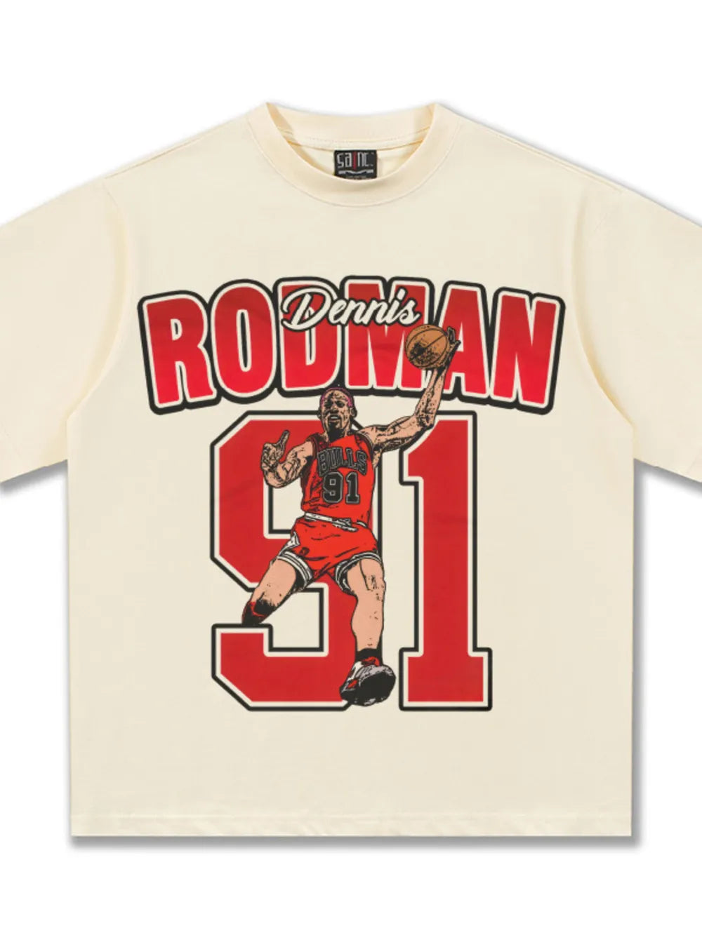 Men's cream cotton graphic t-shirt with Dennis Rodman and number 91 print
