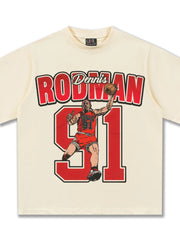 Men's cream cotton graphic t-shirt with Dennis Rodman and number 91 print