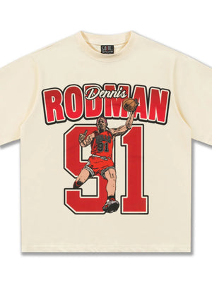 Men's cream cotton graphic t-shirt with Dennis Rodman and number 91 print