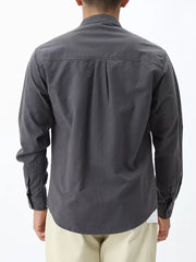 Dark Gray cotton casual long sleeve button-down shirt with back pleats and buttoned cuffs.