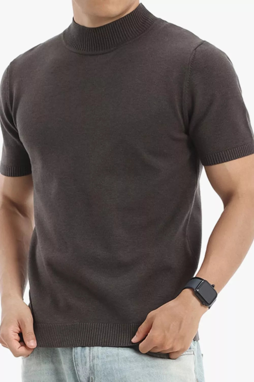 Men's dark gray mock neck short sleeve knit top with ribbed trim