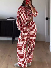 Chic striped two-piece lounge set in scarlet and white with drawstring pants.