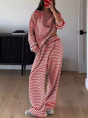 Chic striped two-piece lounge set in scarlet and white with drawstring pants.