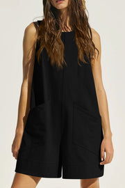 Black relaxed fit linen romper with pockets and round neckline