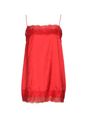 Red satin cami top with lace trim detail at neckline and hem.