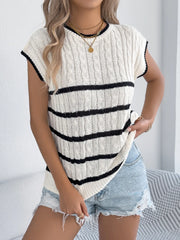 Sleeveless cable knit top with black stripes and crew neck.