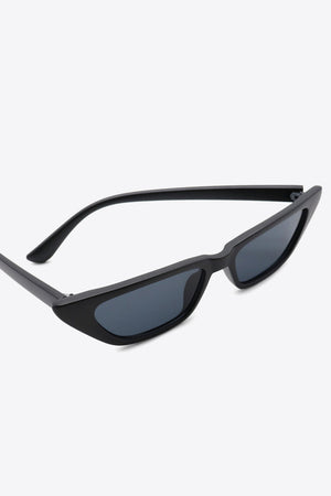 Black sleek angular cat eye sunglasses with dark lenses