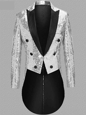 Men's silver sequin double-breasted tailcoat blazer with black lapels and lining.