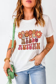 White graphic t-shirt with retro floral "Hello Autumn" print, crew neck, short sleeves.
